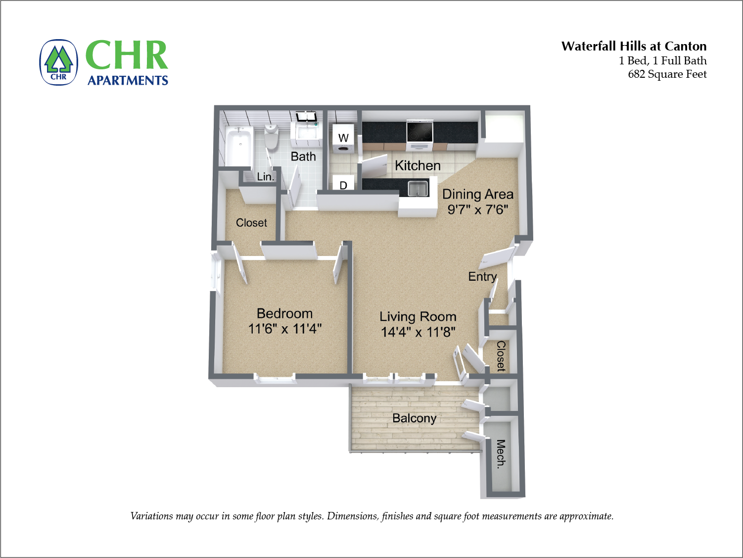 Floor plan for 1 bed, 1 bath, 682 sqft